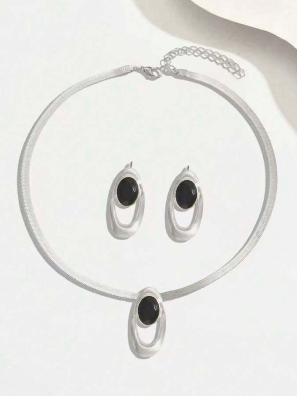 Silver-tone Necklace and Earring Set with Black Stones